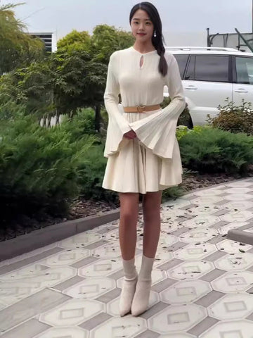 French Fashion Lotus Leaf Side Comfortable Solid Color Dress In Autumn 2024